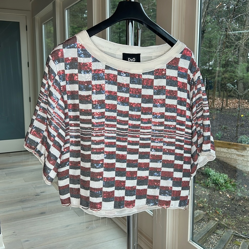 Vintage & Authentic Dolce & Gabbana Red White Blue Sequined Top SZ 38